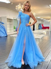 One Shoulder Lace Ruched A-Line Tulle Prom Dress with Bow