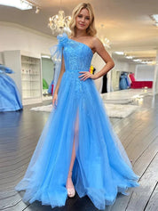 One Shoulder Lace Ruched A-Line Tulle Prom Dress with Bow
