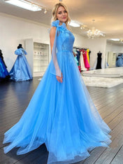One Shoulder Lace Ruched A-Line Tulle Prom Dress with Bow