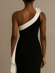 One Shoulder Mermaid Long Black Tie Formal Dress with Ruffles