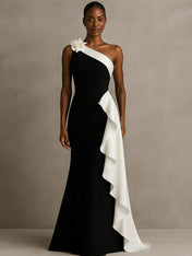 One Shoulder Mermaid Long Black Tie Formal Dress with Ruffles