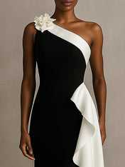 One Shoulder Mermaid Long Black Tie Formal Dress with Ruffles