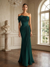 One Shoulder Pleat Mermaid Chiffon Evening Dresses for Women Gown