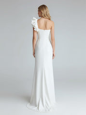 One Shoulder Satin Long Prom Dress with Ruffles