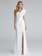 One Shoulder Satin Long Prom Dress with Ruffles