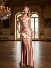 One Shoulder Stretch Pleated Satin Formal Dress