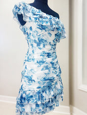 One Shoulder Ruffled Ruched Empire Floral Homecoming Dress