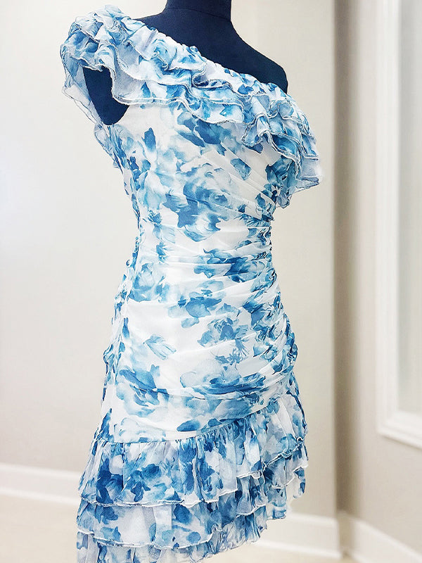One Shoulder Ruffled Ruched Empire Floral Homecoming Dress