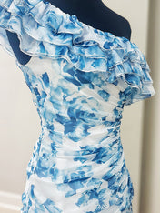 One Shoulder Ruffled Ruched Empire Floral Homecoming Dress