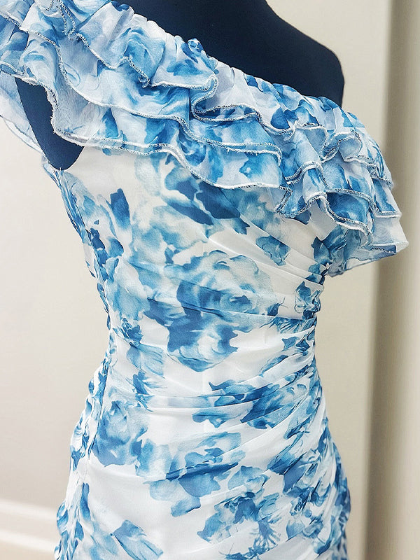 One Shoulder Ruffled Ruched Empire Floral Homecoming Dress