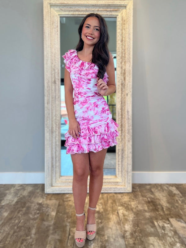 One Shoulder Ruffled Ruched Empire Floral Homecoming Dress