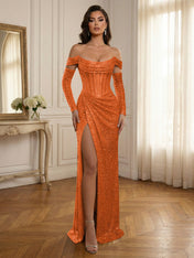Glamorous Sequined Off-Shoulder Corset Bodice Long Prom Dress with High Slit