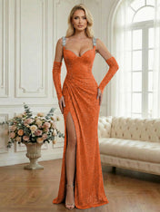 Light Blue Sequin Mermaid Matching Opera Gloves Long Prom Dress with Slit