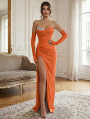 Blue Beaded Corset Long Prom Dress with Matching Gloves