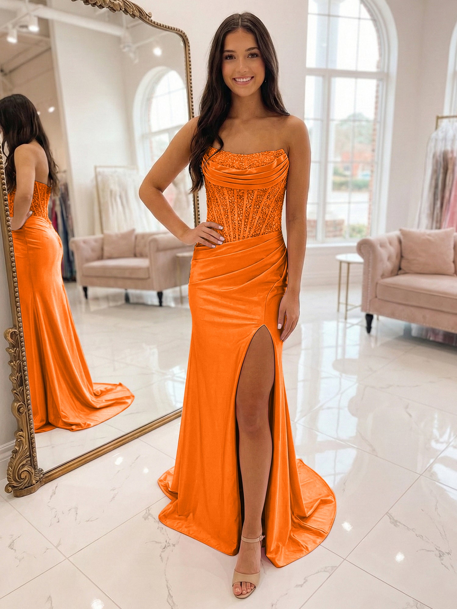 Romantic Pink Satin Corset Slit Prom Dress with Beaded Bodice