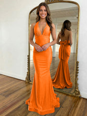Light Blue Mermaid Halter Backless Long Prom Dress