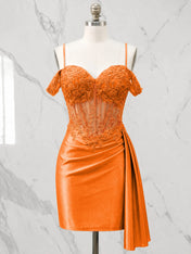 Sweetheart Sheer Corset Mini Dress with Cascading Side Drape Homecoming Dresses