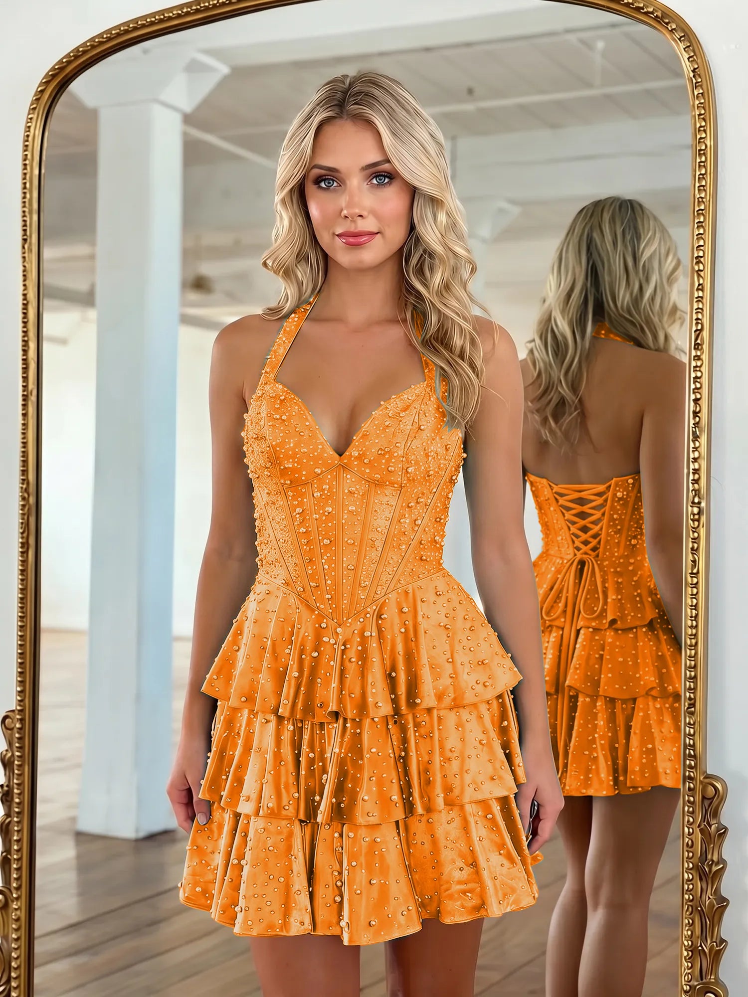 Halter Neck Pearl Beaded Tiered Short Homecoming Dresses