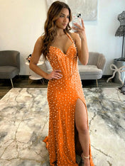Glamorous Champagne Pearl Beaded Corset Prom Dress with Slit