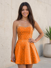 Baby Blue All Over Pearl Strapless Satin A-Line Mini Homecoming Dresses