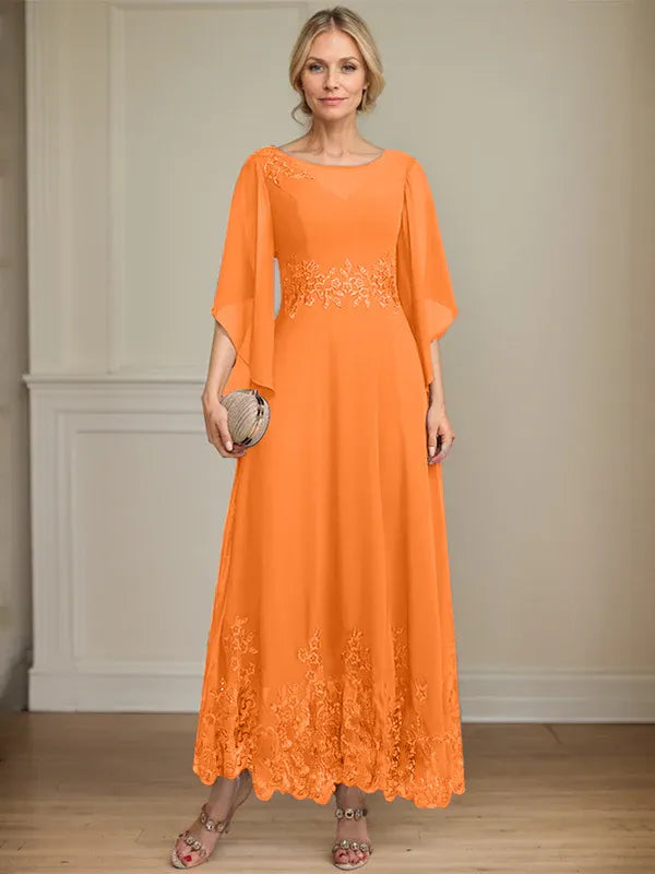 A-line Scoop Illusion Ankle-Length Lace Chiffon Mother of the Bride Dress With Sequins