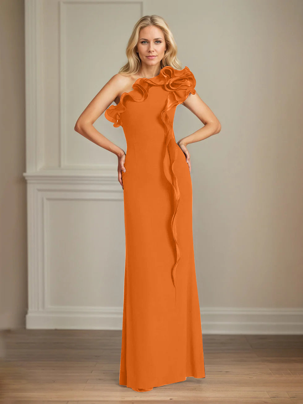 Column One Shoulder Floor Length Mother of the Bride Dresses With Ruffles
