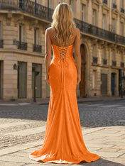 Yellow Beaded Halter Corset Prom Dress with High Slit