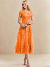 A-line Scoop Tea-Length Tulle Lace Mother of the Bride Dress