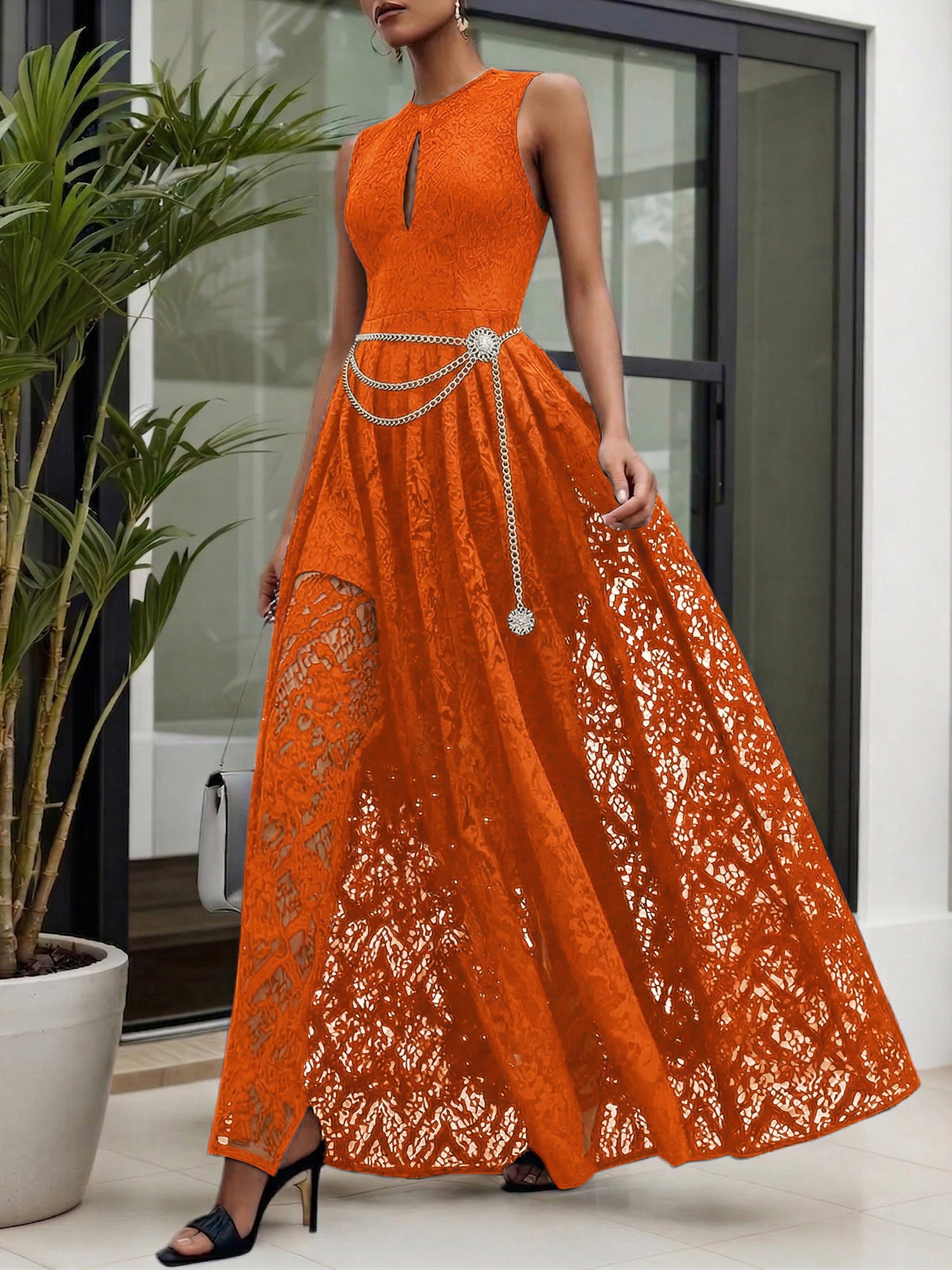 Midnight Black Lace Hollow Out Crew Neck Sleeveless A-Line Maxi Dress