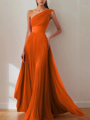Prom Formal Pleated Dress Rose Color One-Shoulder Maxi Dress