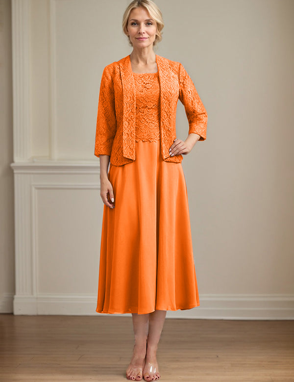 A-line Scoop Tea-Length Lace Chiffon Mother of the Bride Dress