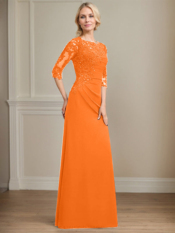 A-line Scoop Floor-Length Chiffon Lace Mother of the Bride Dress With Beading Pleated Sequins
