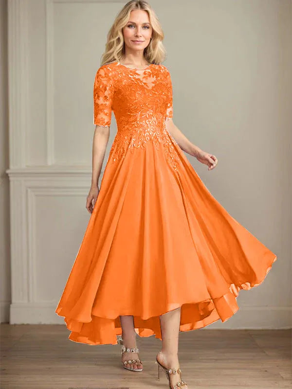 A-line Scoop Illusion Asymmetrical Chiffon Lace Mother of the Bride Dress With Sequins