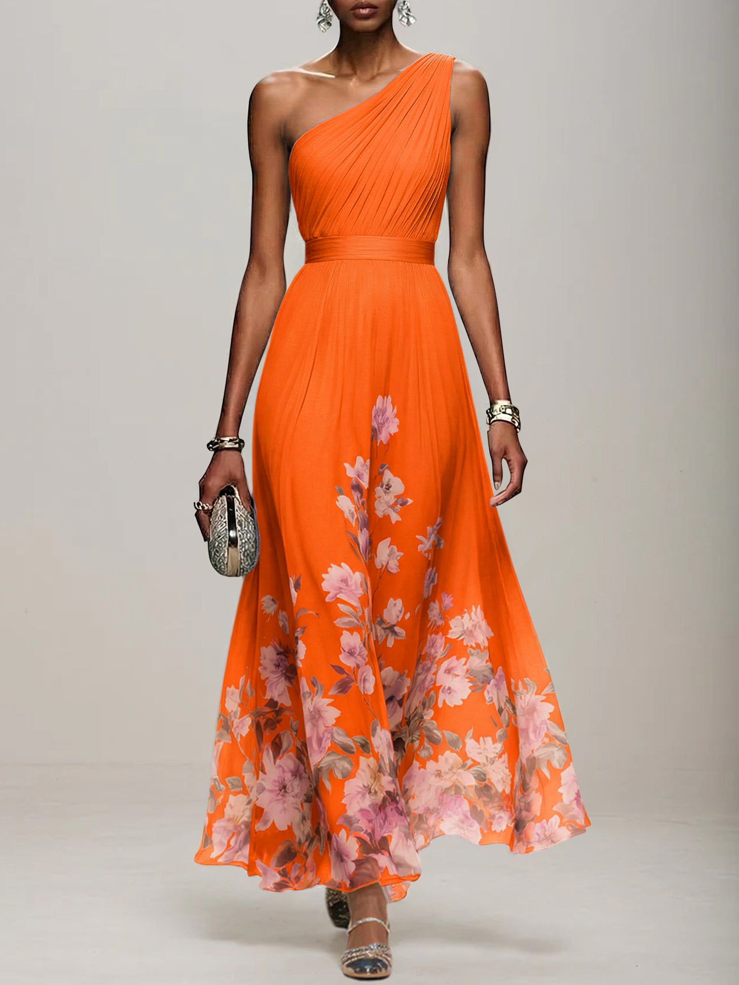 Light Blue Floral Chiffon One Shoulder Sleeveless A-Line Maxi Dress Gown