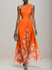 Light Blue Floral Chiffon One Shoulder Sleeveless A-Line Maxi Dress Gown