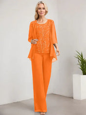 Separates Jumpsuit/Pantsuit Scoop Floor-Length Lace Chiffon Mother of the Bride Dress With Sequins