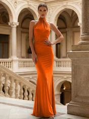 Navy Blue Halter Neck Maxi Dresses Mermaid Evening Dress