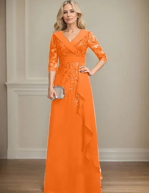 Robe de mère de la mariée trapèze, col en V, longueur au sol, en mousseline de soie et dentelle, avec volants en cascade et paillettes 