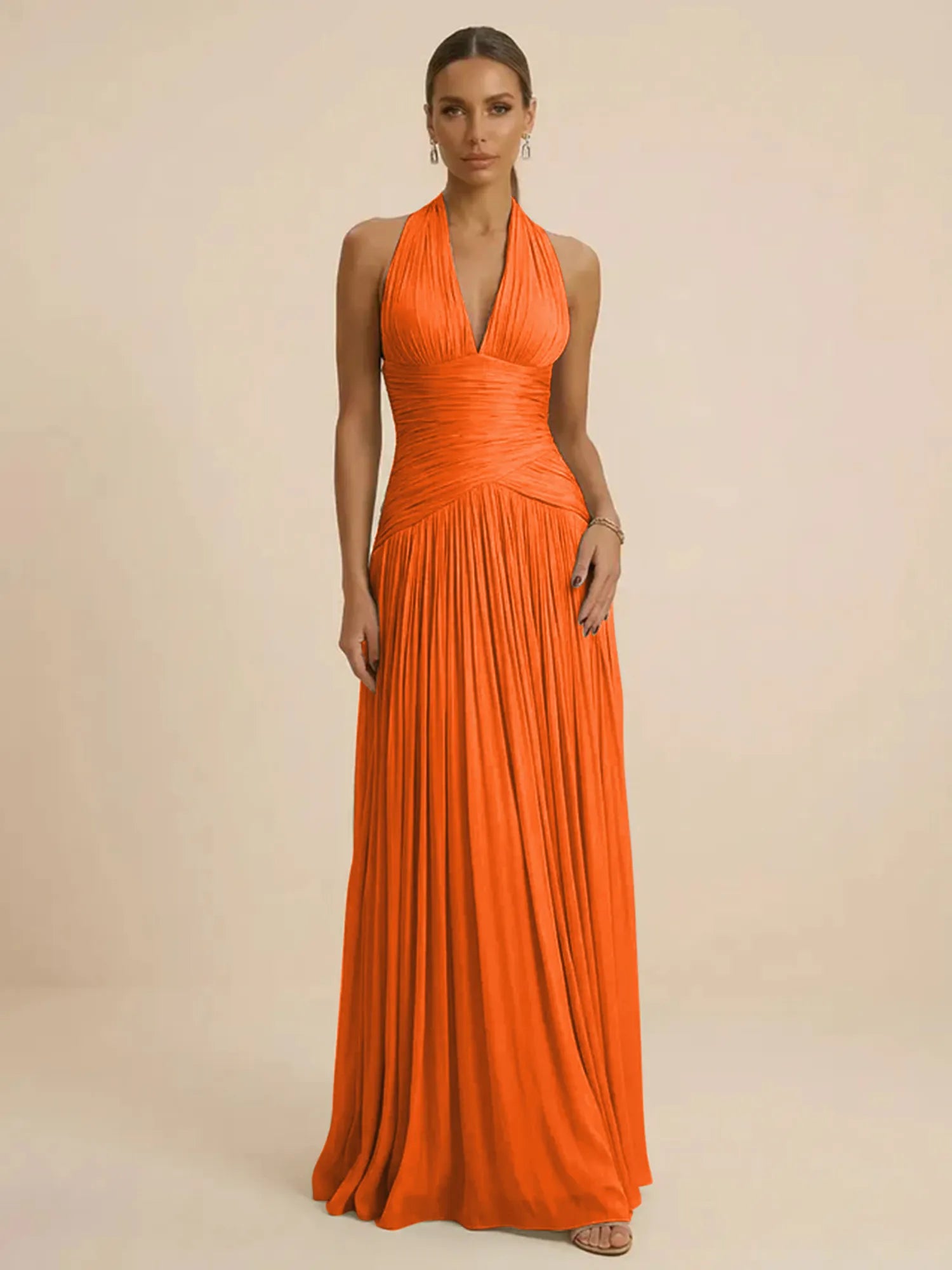 Sage Green Halter Neck Pleated Chiffon Evening Gown with Ruched