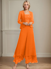Separates Jumpsuit/Pantsuit Square Ankle-Length Lace Chiffon Mother of the Bride Dress With Sequins