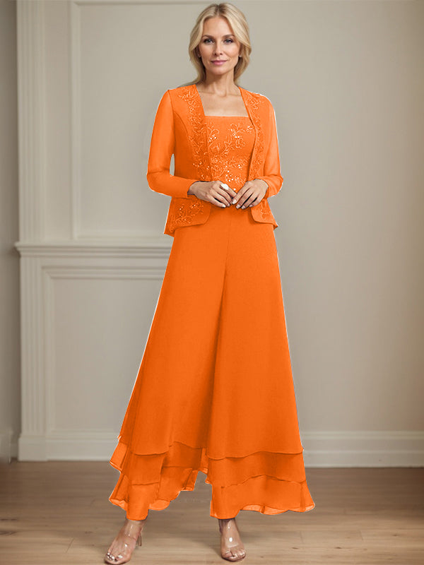 Robe de mère de la mariée en mousseline de soie, longueur cheville, avec sequins, combinaison/tailleur carré 
