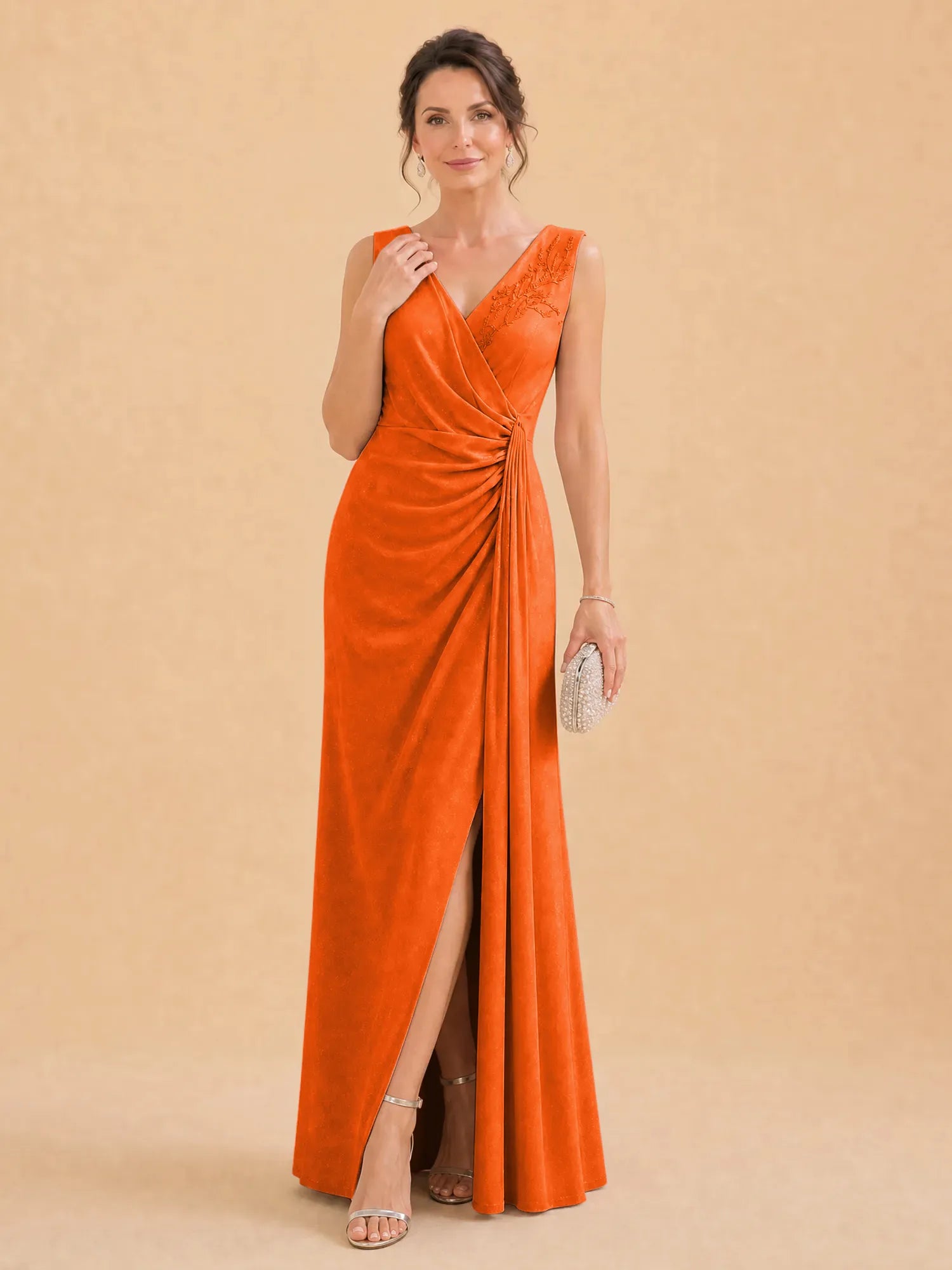 V-Neck Faux-Wrap Evening Gown with Side Draping Mother of The Bride Dresses