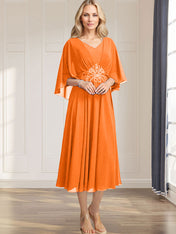A-line V-Neck Tea-Length Chiffon Mother of the Bride Dress With Pleated Sequins Appliques Lace Beadind