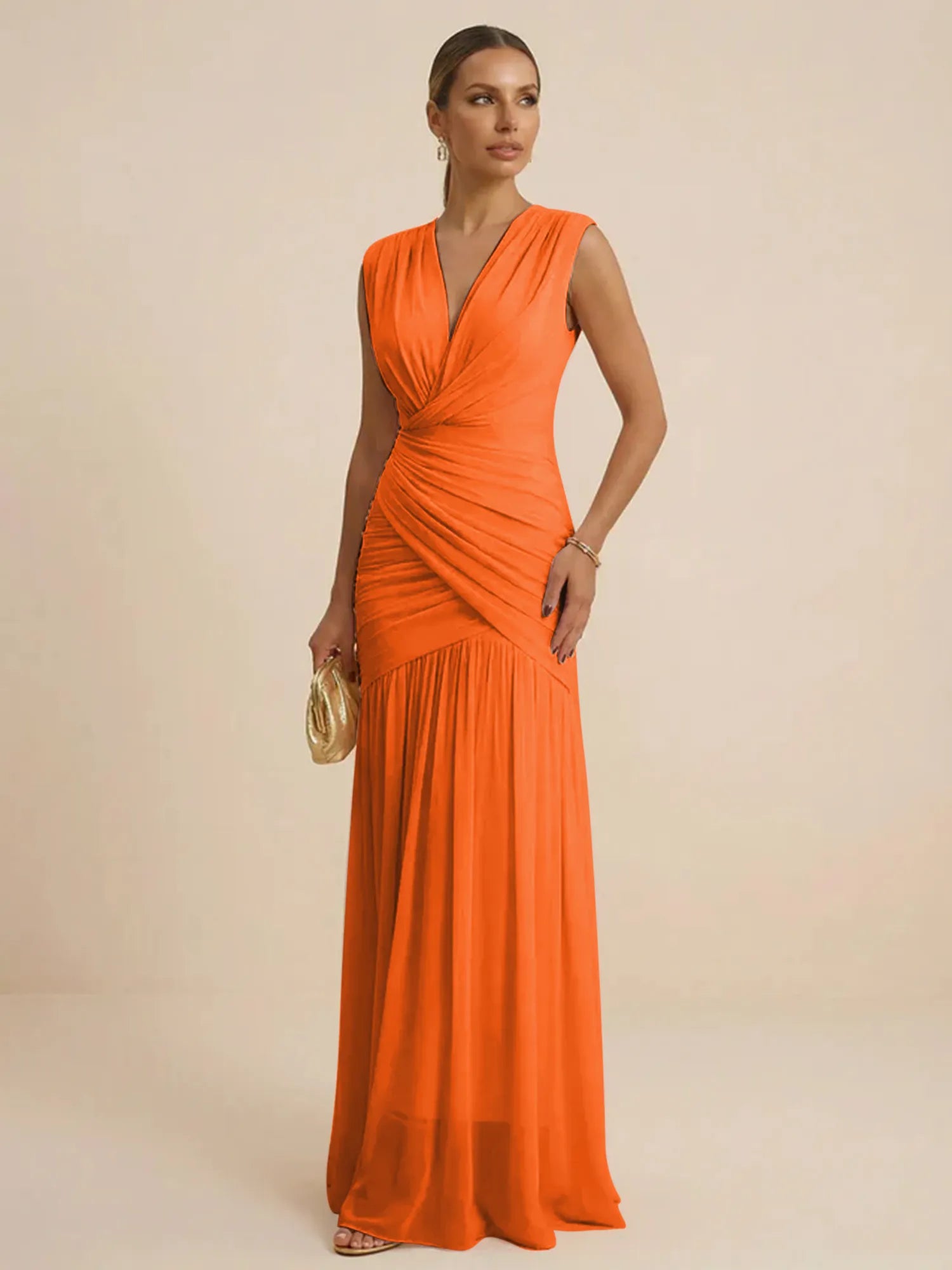Pink Regular Straps V Neck Chiffon Pleat Mermaid Maxi Dress