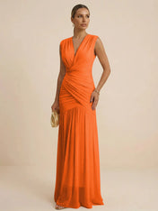 Pink Regular Straps V Neck Chiffon Pleat Mermaid Maxi Dress