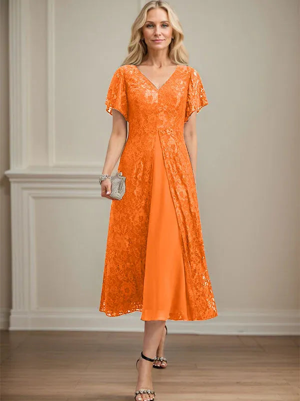 Robe de mère de la mariée en mousseline de soie, coupe trapèze, col en V et longueur thé 