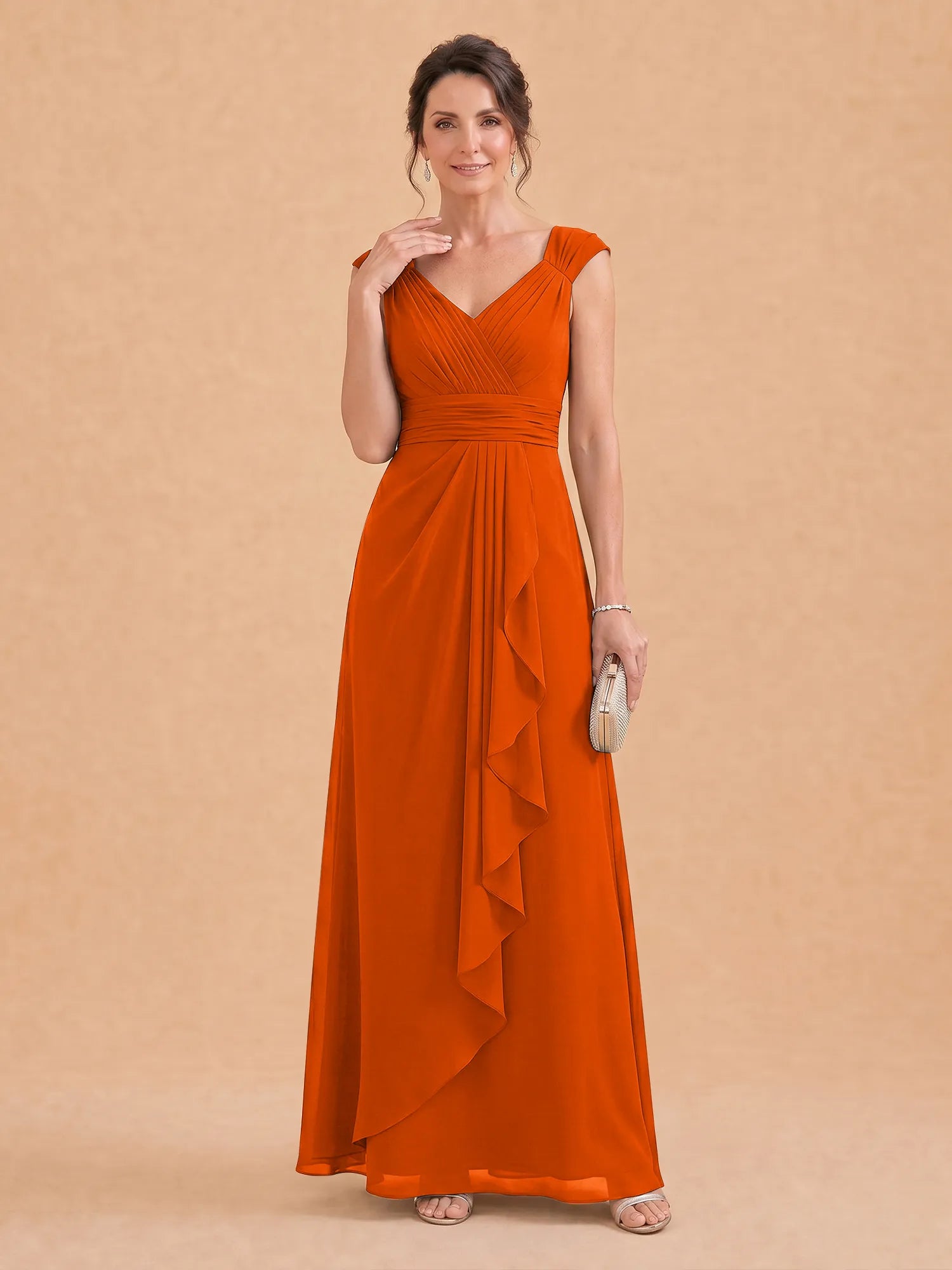 V-Neck Ruched Chiffon A-Line Mother of the Bride Dress with Cascading Ruffle