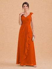 V-Neck Ruched Chiffon A-Line Mother of the Bride Dress with Cascading Ruffle