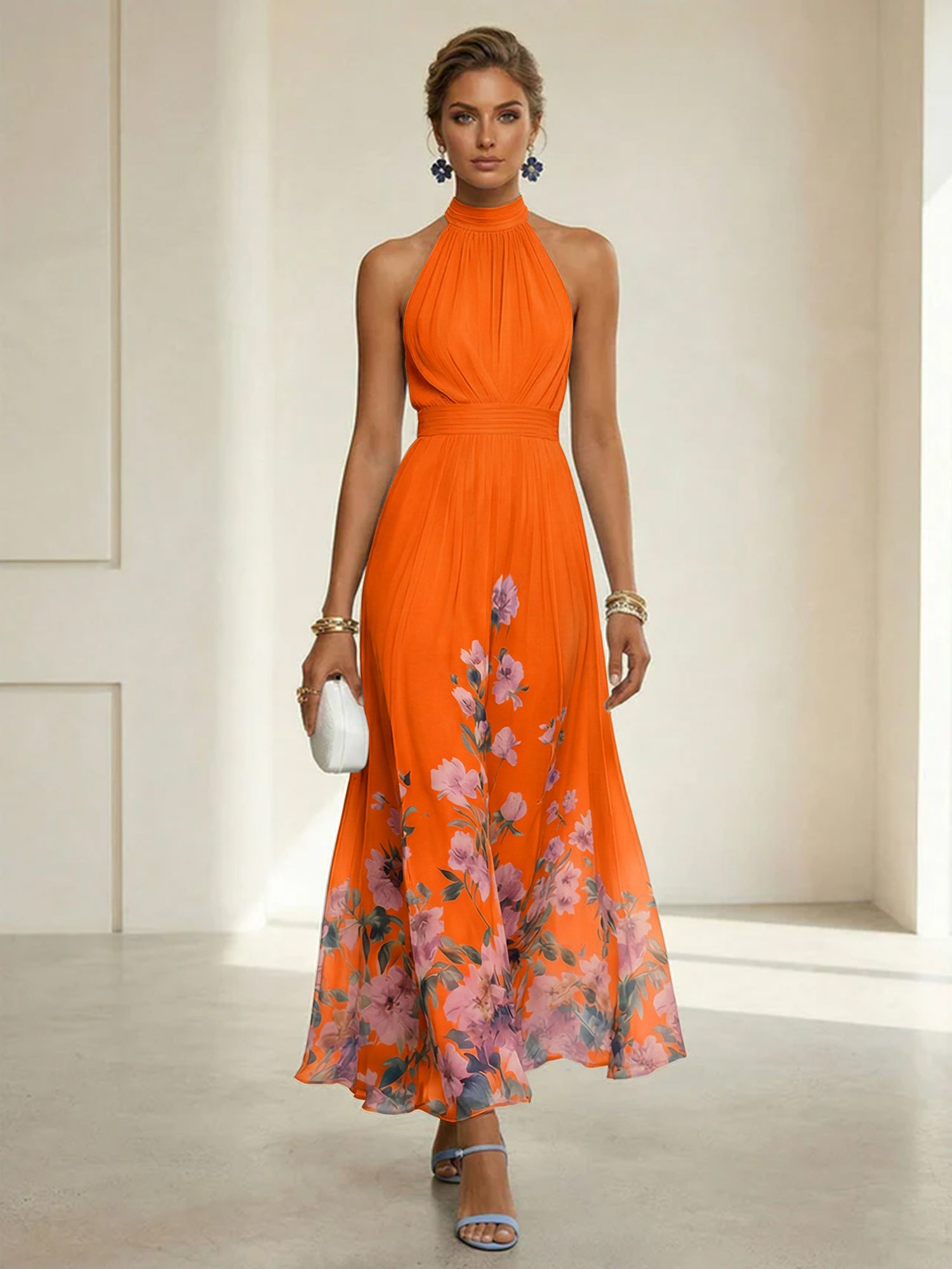 Light Blue Floral Chiffon Halter Sleeveless A-Line Maxi Dress Gown