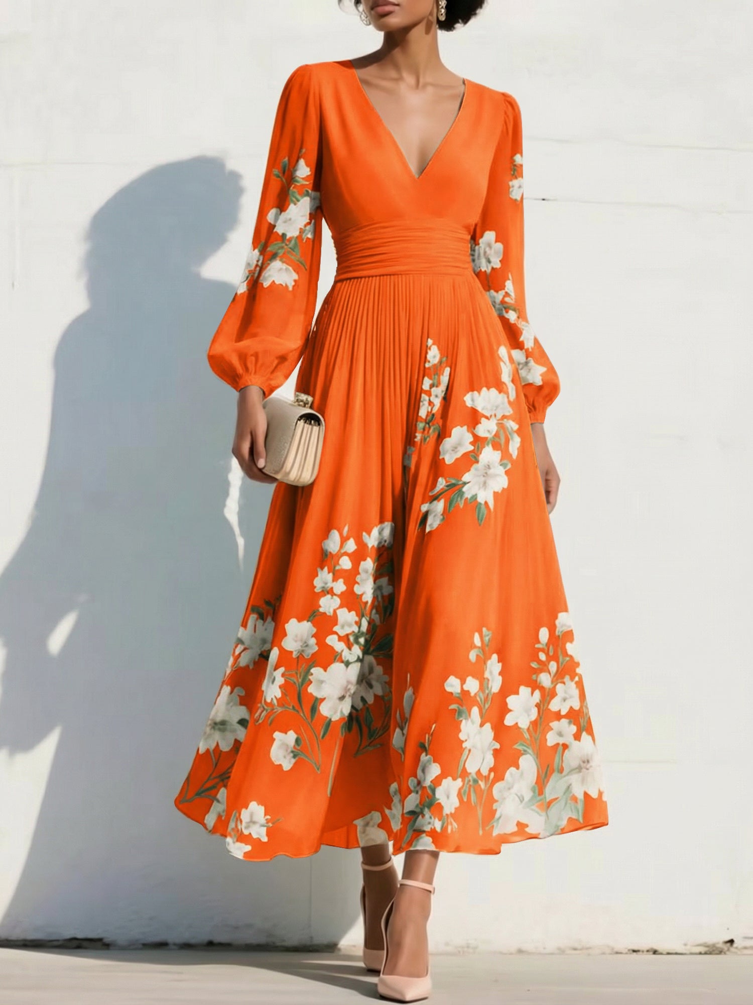 Elegant Floral V-Neck Pleated Midi Dress with Long Sleeves